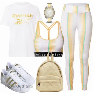 90er Outfit mit Gelb/Grün/Weiß/Mischfarben Bike Hose/Leggings Cord Legging/High Waist Legging/Strick Legging/Leggings mit Schlitz/Gefütterte Leggings/Push up Hose/Geformte Legging/Sport Leggings/Treggings DELICATELOVE "Sportswear Outfit"Look: 80er, 90er, Disco, Outdoor, Nahtlos, Sportlich