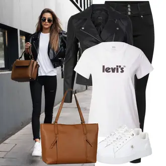 Outfit mit Schwarz/Dunkelgrau/Weiß/Rosa Mantel/Bikerjacke/KunstLederjacke/Jacke mit Seitlichem Reißverschluss/Lederjacke/Motorradjacke yas "Cooles Alltagsoutfit"