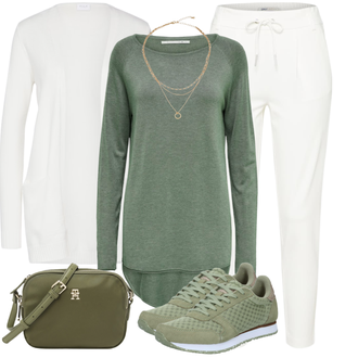Outfit mit Weiß/Creme/Khaki Hose Große Größe/7/8 Hose/Freizeithose/Baumwollhose/Bügelfaltenhose/Jerseyhose/Jogger Hose/Lange Hose/Musselin Hose/Slim Hose/Schlupfhose/Jogginghose Only "Cool für die Freizeit"