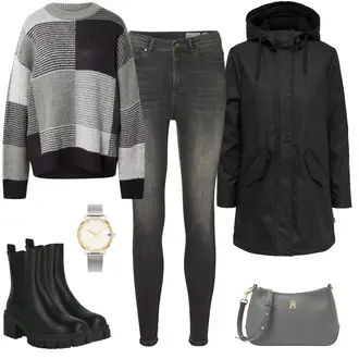 Wasserdicht Outfit mit Schwarz/Dunkelgrau/Grau Regenjacke/Funktionsjacke/Parka-übergangsjacke/Wachsjacke/Winter Parka/Goretex Mantel/Kapuzenmantel/Parka/Regenmantel/Regenmantel & Funktionsmantel/Dreiviertellanger Mantel Only "Dunkles Herbstoutfit"