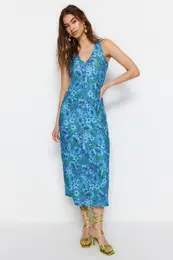 Blue Back Detail Floral Printed Bodycone/Fitted Midi Stretch Knitted Pencil Dress