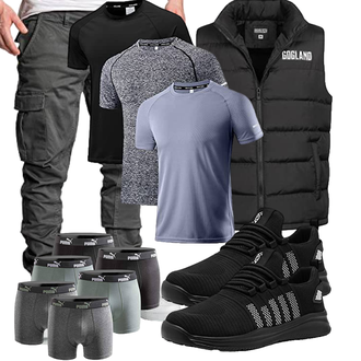 Gothic Outfit mit Schwarz/Grau/Dunkelgrau Isolationsweste/Kurze Weste/Steppweste/Daunenweste/Puffer Weste GOGLAND "Cooles Outfit"Look: Schick, Indoor, Goa, Uni, Empire, Western, Stil, GoGo, Unisex, Boyfriend, Rap, Techno, Gothic
