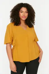 Curve Weave Mustard V-Neck Tie-Down Blouse