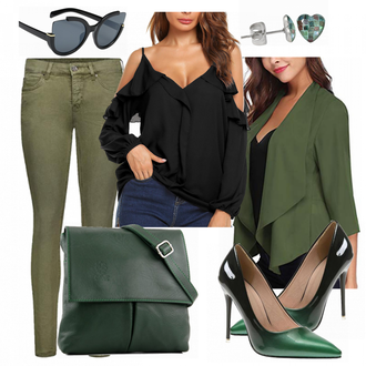 Eine Schulter Outfit mit Schwarz/Rosa/Braun SchlupfBluse/Bluse/Verspielte Bluse/LangarmBluse/VolantBluse/Offene Bluse/Crash­Bluse/Einfarbige Bluse/Bluse Oberteil Parabler "PARABLER"