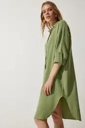 Happiness stanbul Women's Almond Green Oversize Muslin Shirt Dress