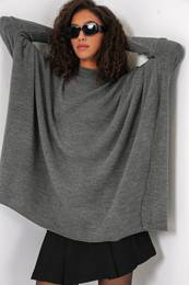 15783 Slit Poncho Sweater - Light Grey