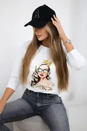 Blouse with graphics of the girl in glasses 3D white