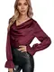 SheIn Damen Satin Bluse Elegant Blusen Wasserfallausschnitt Langarm Shirts Oberteile Glänzend Top mit Volant Ärmel Kastanienbraun S