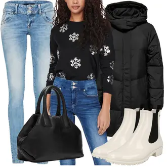 Outfit Inspo Schule mit Schwarz Wintermantel/Steppmantel/Parka/Langer Wintermantel/Langer Daunenmantel/Kapuzenmantel/Daunenmantel Only "Tolles Outfit Inspo"Look: Wasen, Kommunion, Electro, Silvester, Pop Konzert, Schule
