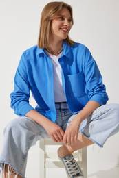 Happiness stanbul Women's Blue Oversize Linen Ayrobin Shirt