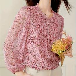 Women's Floral Print Blouse, Polyester, Casual Crew Neck Long Sleeve Top, With Button Detail, For Spring/fall