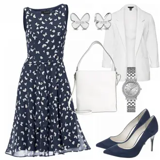 Outfit mit Dunkelblau/Blau Kleid Große Größe/Polka Dot-Kleid/Sommerkleid/50er Jahre Kleid/Ärmelloses Kleid/A-Linien Kleid/Bedrucktes Kleid/Fit & Flare Kleid Heine "Butterfly"