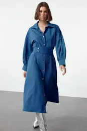 Saxe Belted Snap Detail Low Sleeve Wide Pattern Woven Shirt Dress