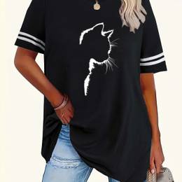 Women's Plus Size Casual T-shirt With Cat Graphic, Striped Sleeves, And Ribbed Neckline - Soft Polyester , Black With And , Short Sleeve, Round