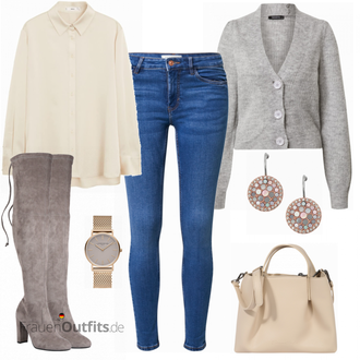 Outfit mit Grau/Hellgrau/Braun/Beige Overknee Stiefel/High Heels Stiefel/Kniehoher Stiefel/Leder Overknee Stiefel/Langer Stiefel/Spitzer Stiefel/Stiefel Mit Reißverschluss About You "Beigly Alltagslook"