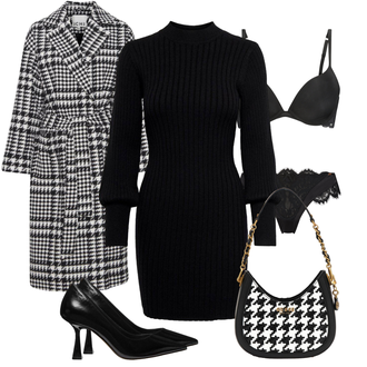 Outfit met zwart/geel/Donkerrood/bruin/wit Bouclé Jas/Lange Jas/Wollen Jas/Jacquard Jas/Tweed Jas/Jack Met 3/4 Mouw/Tweed Mantel/Bouclé Mantel/Gebreide Mantel Ichi "Outfit voor de winter"