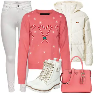 Outfit sa Bež/Bijela/Krem Gležnjača na Vezanje/Motociklistička čizma/motociklistička čizma/Borbena Čizma/Ravna Gležnjača Rieker "Zimski outfit"