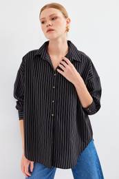 20208 Striped Oversize Long Basic Shirt - Black