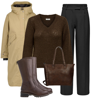 Winter Outfits Stijl Boho met bruin/beige/Donkergroen/grijs/Donkerbruin Shopper tas/Kantoortas/Zakelijke Tas/Laptoptas/Notebook Tas/Draagtas/Draagtas enrico benetti "Outfit voor de winter"Look: Western, Iers, Stijl, Vintage, Elegant, Premium, Edele, Trendy, Strakke pasvorm, Boho