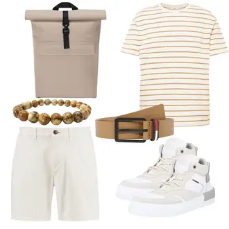 Sommer Outfits Preppy mit Creme/Khaki/Beige/Weiß Chino Shorts/Bermuda/Leinen-short/Musselin Shorts Shiwi "Cooles Alltagsoutfit"Look: Uni, Smart Casual, Unisex, Preppy, Maritim, Safari, Classic