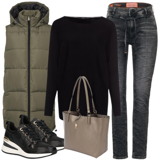 Outfit mit Weiß/Schwarz Strickjacke/Oversized Zip Hoodie/Oversize Musselin Bluse Zero "Perfekt Für Den Herbst"