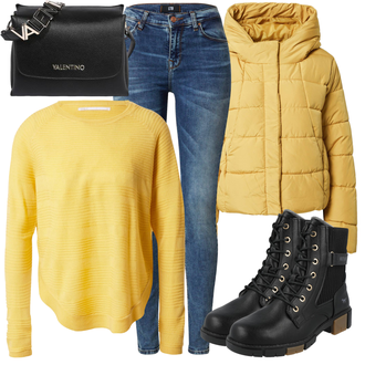 Plateau Mit Absatz Outfit mit Schwarz/Beige SchnürStiefelette/Biker Boot/SpringerStiefel/MotorradStiefel Mustang "Outfit für den Winter"