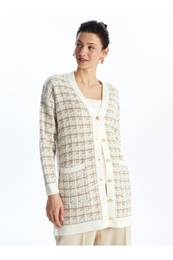 LCWAIKIKI Basic Jacquard V Neck Plaid Long Sleeve Women's Knitwear Cardigan
