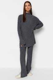 Anthracite Corded Trousers Slit Detailed Knitwear Bottom-Top Set
