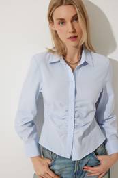 Happiness stanbul Women's Sky Blue Gather Detailed Shirt