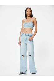 Wide Leg Ripped Denim Trousers with Standard Waist Buttons - Bianca Wide Leg Jean