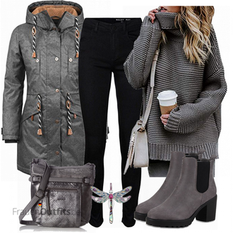 Oversize Outfit mit Grau/Dunkelgrau/Hellgrau/Beige/Braun Winterschuh/Winter Stiefelette/Gummistiefelette/Plateaustiefelette/Gefütterte Stiefelette/Lederjacke/Chelsea Boot Stiefelparadies "Blendshe jacke"Look: Casual, Trendige, Smart Casual, Outdoor, Edel, Elegant, Grunge, Premium, Classic, Nahtlos, Oversize, Ausgefallene