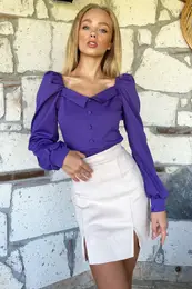 Trend Alaat Stili Women's Purple Princess Button Detailed Crepe Blouse