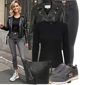 Winter Outfit mit Hellgrau/Grau/Dunkelgrau Lederjacke/Biker Jeans/High Waist Jeans/Jeans mit Schlitz/Low Rise Jean/Push up Jeans/Slim Fit Jeans/Cuir Chaussures/Thermojeans/Winterjacke Only "Schönes Frühlingsoutfit"