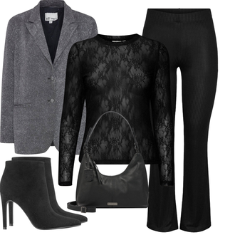 Outfit met Donkergrijs/grijs/Donkerblauw/Lichtblauw Gebreide kleding/Leren Jas/Boucle Blazer/Gebreide Blazer/Boyfriend Blazer Ichi "Outfit voor de winter"