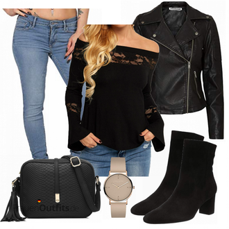 Outfit mit Schwarz Motorradjacke/Lederjacke/KunstLederjacke/Bikerjacke Noisy may "Cooles Herbst Outfit"