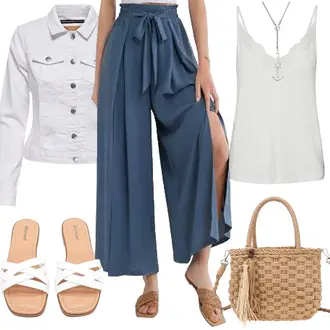 Rauten Outfit mit Creme/Beige/Weiß Riemchen Sandale/Römer Sandale/Vintage Sandale/Sommer Schuh Ataiwee, Weiß/Dunkelblau/Silber Reich verzierte Halskette/Feine Kette/Anhänger Paul Hewitt "Schöner Sommer Look"