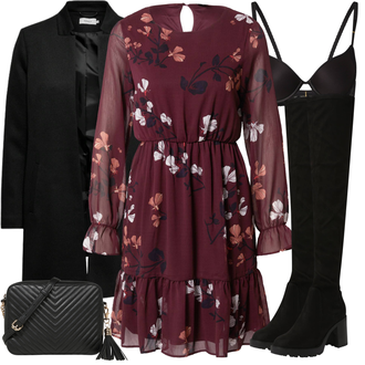 Outfit mit Lila/Bordeaux/Rosa Chiffon Kleid/HerbstKleid/Geblümte Kleid/Langärmliges Kleid/Bedrucktes Kleid VERO MODA "Perfekt für den Herbst"