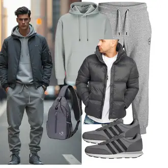 Outfit mit Dunkelgrau/Grau/Hellgrau Übergangsjacke/Verstaubare Jacke/Kunstfaserjacke/Kapuzenjacke/Winterjacke/Daunenjacke/Puffer Jacke Behype "Freizeit Outfit"
