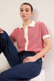 Red Polo Collar Striped Knitted Blouse