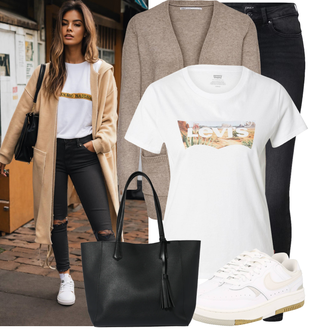 Outfit s Bílá/Béžová/Krémová/Khaki/Modrá Vintage Teniska/Letní Tenisky/Nízká Teniska/Teniska s dírkovaným vzorem/Úzká Teniska/Skate Bota/Kožené Tenisky Nike Sportswear "Praktický vzhled"