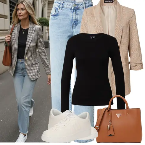 Comment poter Beige/Marron Grande Taille Manteau/Tunique/Blazer Boyfriend/Blazer à Carreaux/Blazer Élégant/Blazer Long/Blazer Oversize Pieces, Noir Chemise À Col Roulé/Tricot Grande Taille/Chemisier Grande Taille VERO MODA avec Bleu clair/Bleu Jean Large/T-shirt/Jean Court/Jean Dad/Jean Taille Haute/Jean-culotte/Jeans avec Fente/Jean Coupe Ample/Mom Jean/Jeans vintage Noisy may