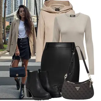 Mit Absatz Outfit mit Schwarz GummiStiefelette/Leder Stiefelette/Gefütterte Stiefelette/Lederjacke/Chelsea Boot Only "Stylisches Outfit für den Frühling"