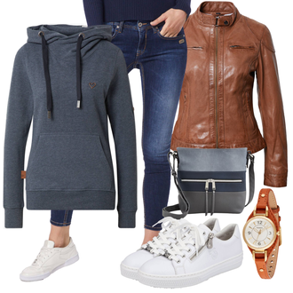 Outfit s Modrá/Tmavě modrá/Světle modrá Kožená bunda/Kotníková Bota/Džíny s Rozparkem/Kožené Boty/Navlékací džíny/Dámské Džíny s Délkou 7/8/Džíny s Nízkým Sedem/Džín s Nízkým Pasem/Zkrácené Džíny/Kožená Pánská Bund/Push up Džín Gang "Zimní outfity"