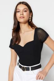 Black Fitted/Body Sitting Tulle Detail Crepe Stretch Knit Bodysuit