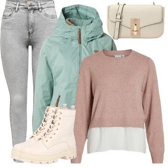 Outfit sa Krem/Bež/Bijela/Kaki Gležnjača na Vezanje/Borbena Čizma/Zimske tenisice/Klasična čizmica/Ravna Gležnjača About You "Zimski outfit"