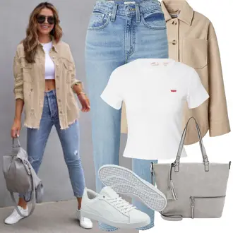 Uski kroj Outfit sa Krem/Bijela Muške tenisice za trčanje/Majica/Majica kratkih rukava/Funkcionalna majica/Majica s mrežicom/Skraćena Majica levi's ® "Jarní outfit"