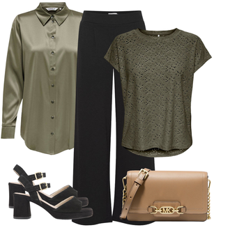 Outfit met Donkergroen/groen Tuniekshirt/Blouse met Oogjesborduurwerk/Korte Mouw Tuniek/Blouse met Korte Mouwen/Lederen jas/Kinderspeelgoed/Kanten Tuniek/Wikkelshirt/T-shirt met korte mouwen/Overhemd top/Shirt met gaasstof/Kanten shirt/Gebreid shirt Only "Zomerlook voor modieuze vrouwen"