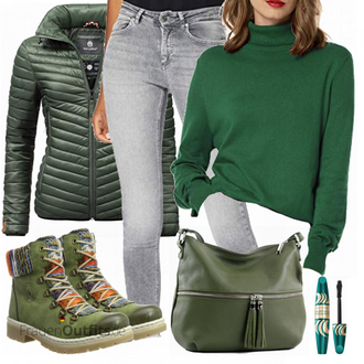 Outfit mit Grün Stiefel Rieker "Woolen Bloom Pullover"