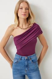 Happiness stanbul Women's Plum One Shoulder Gathered Knitted Blouse