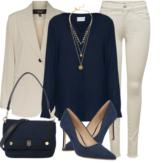 Outfit mit Dunkelblau Bluse und Tunika/Bluse Große Größe/Blusenbody/Bluse Mit Knopf/Bluse mit Stehkragen/Business Bluse/Lederjacke/Langarmbluse/Bügelfreie Bluse/Seidenbluse/Schlupfbluse/Einfarbige Bluse/Businesshemd/Casual Hemd/Business Hemd/Bügelfreies Hemd/Hemdbluse Vila "Stylischer Bürolook"